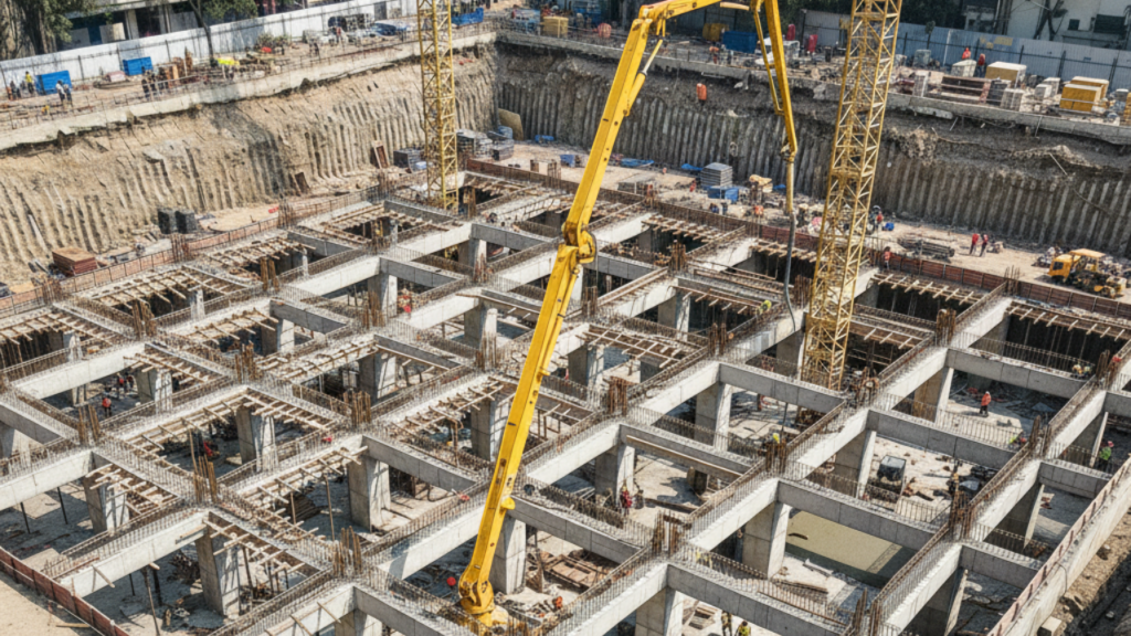 Basement construction process showing concrete pouring for foundation walls
