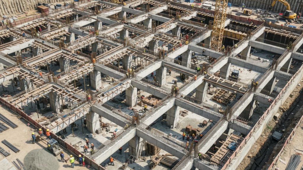 Basement construction foundation layout showing excavation and concrete formwork