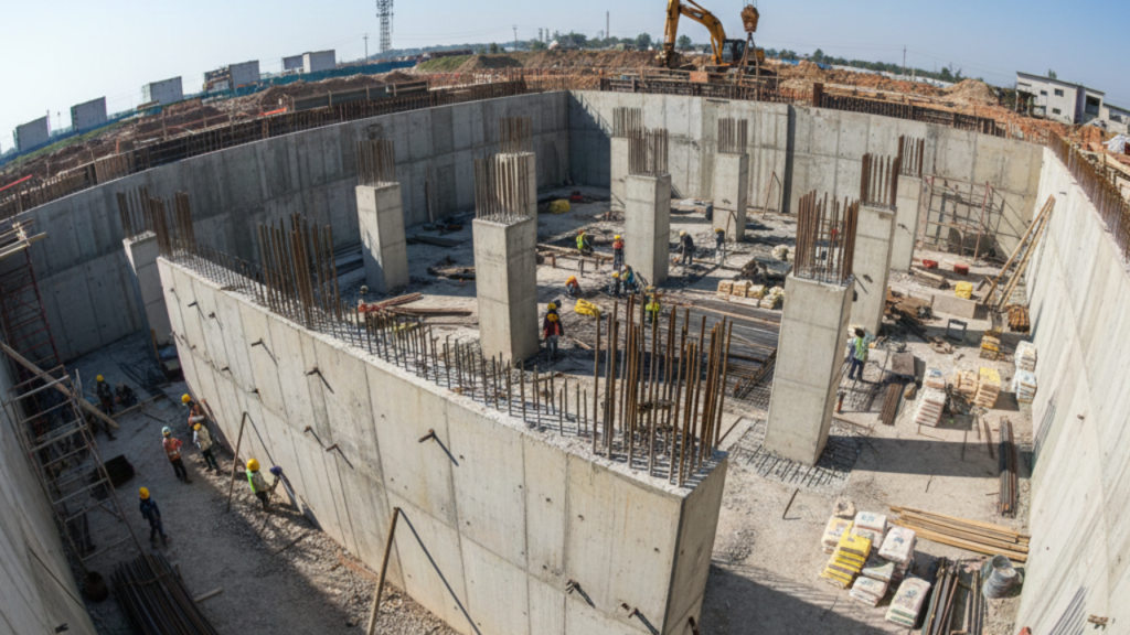 Basement construction showing structural foundation system and load-bearing walls