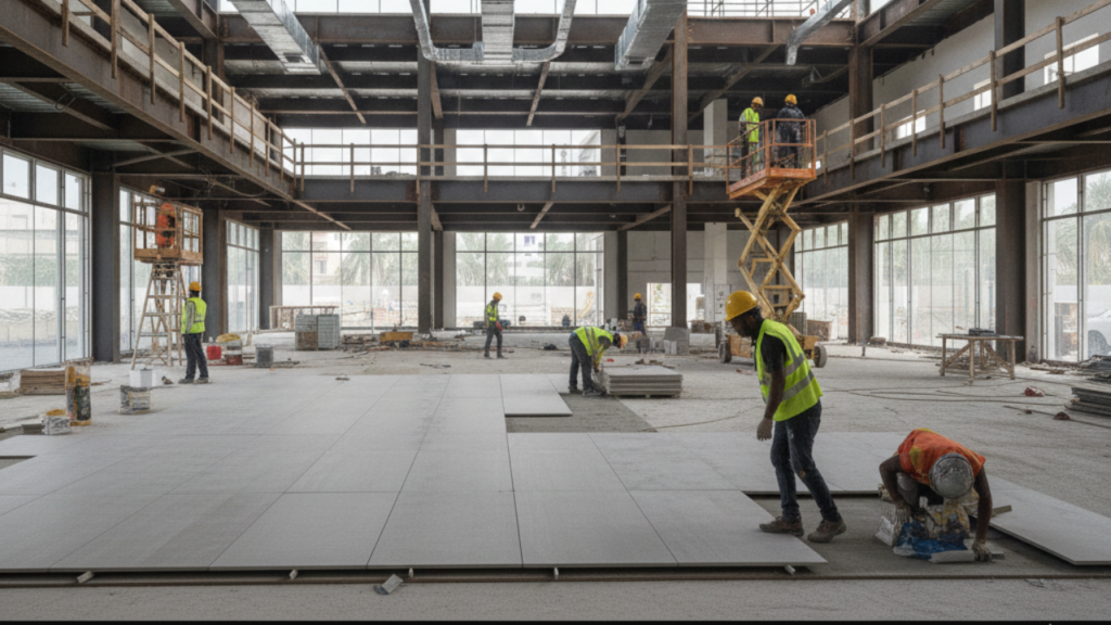 Commercial showroom construction durable flooring materials and installation