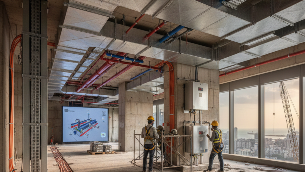 High-rise tower construction in India MEP mechanical electrical plumbing systems installation