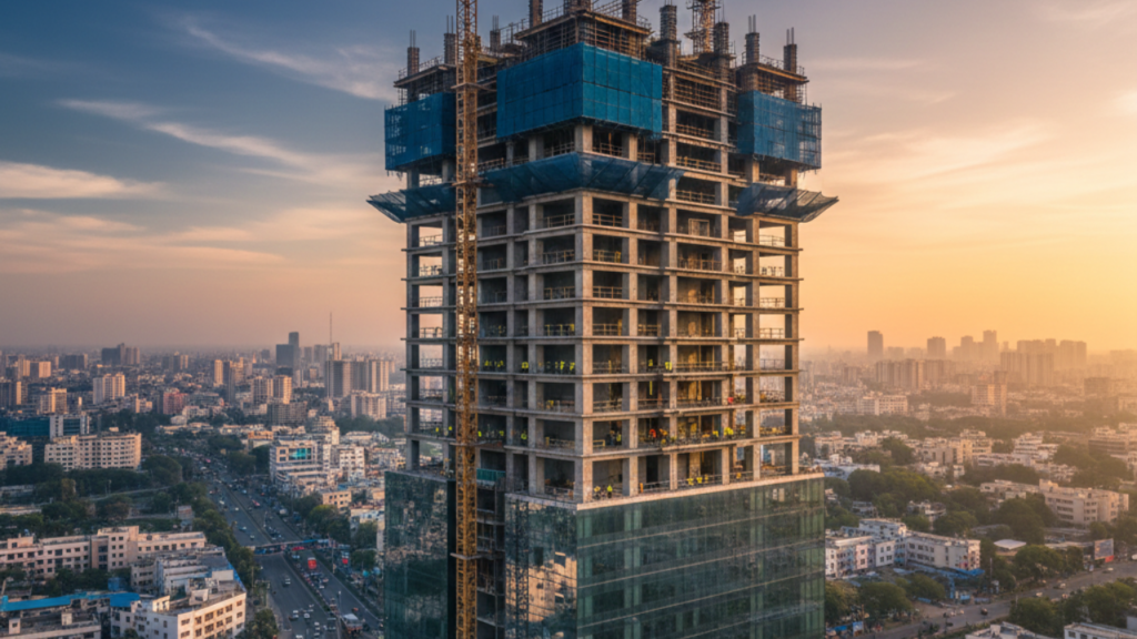 High-rise tower construction in India showing modern skyscraper development in urban skyline