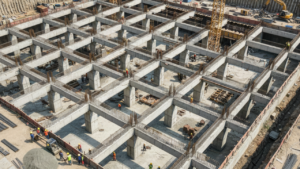 Basement construction site showing foundation and structural systems for modern infrastructure