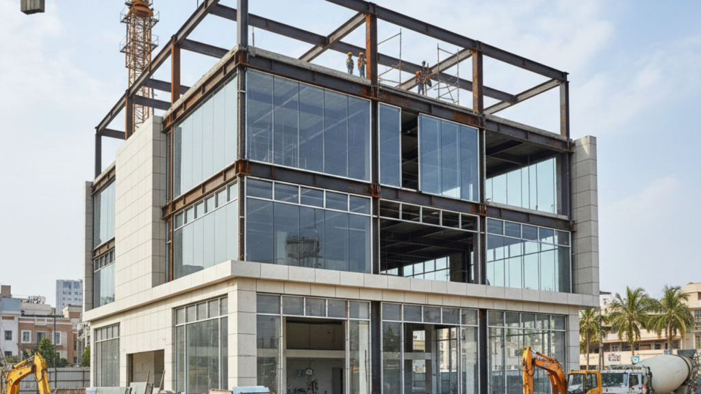 Commercial showroom construction featuring modern design and durable materials