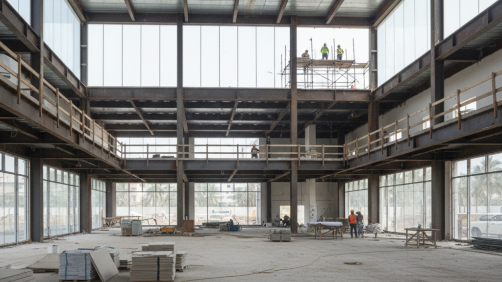 Commercial showroom construction with open floor plan design and flexible layou