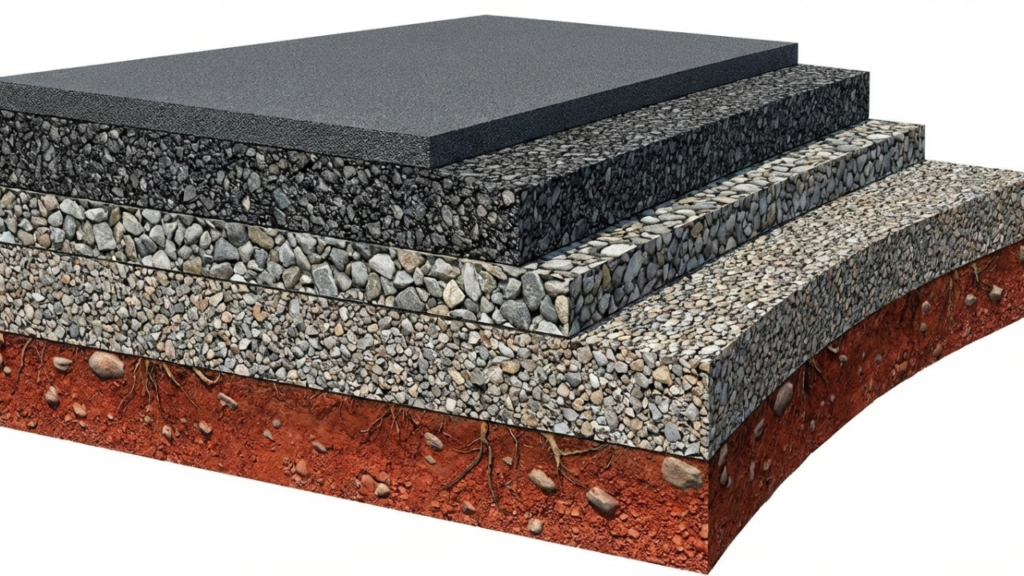 Road construction standards in India showing different pavement layers and subgrade