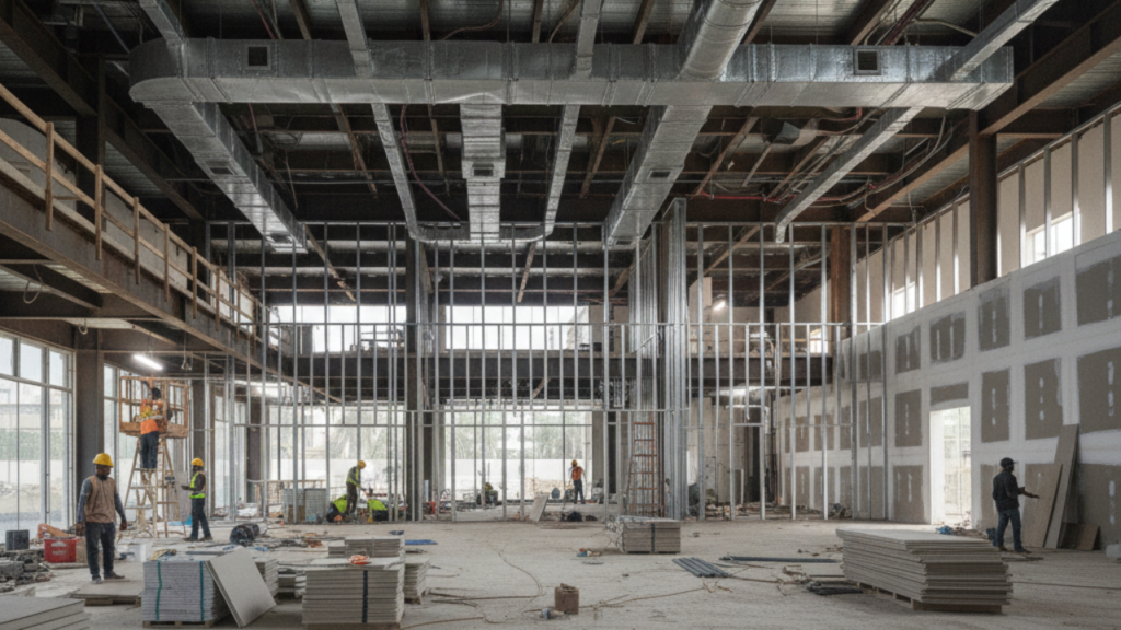 Basement construction for residential home showing living space framing and systems