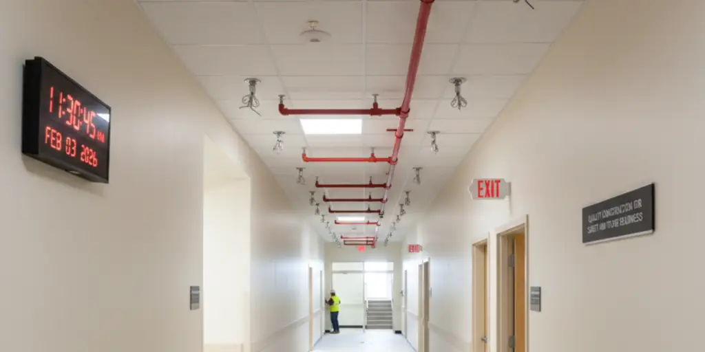 Quality construction in schools includes fire sprinkler systems and emergency exit signage