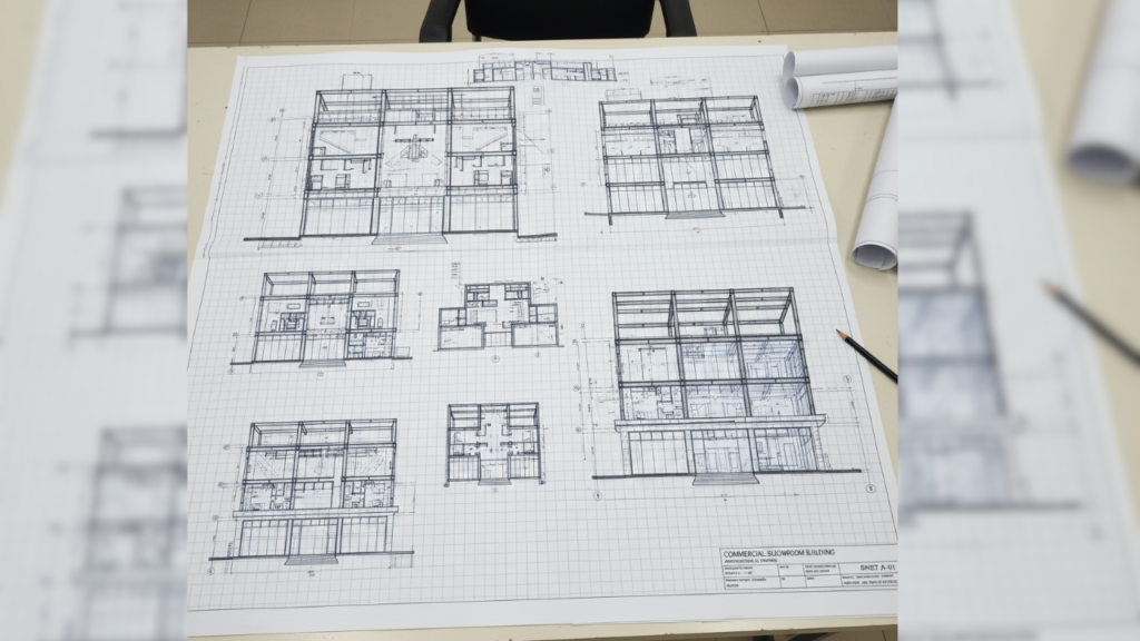 Commercial showroom construction architectural blueprint and planning