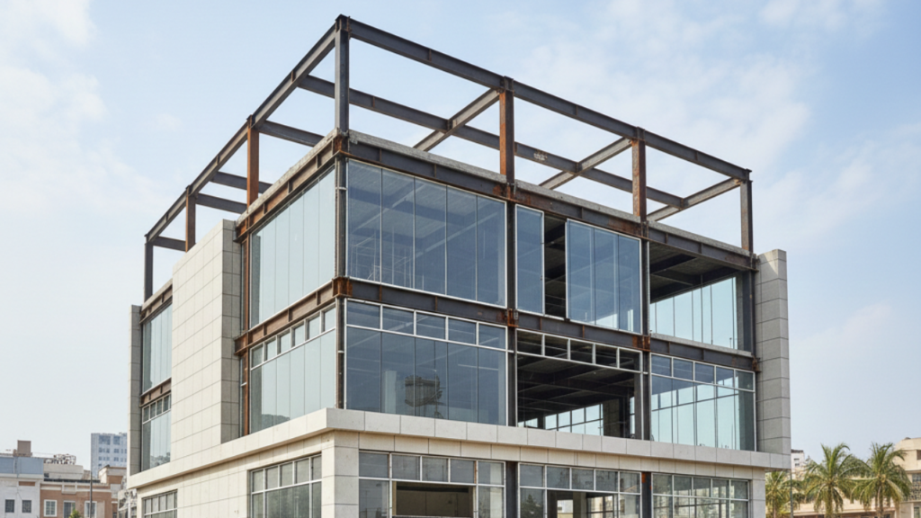 Commercial showroom construction modern glass facade exterior design