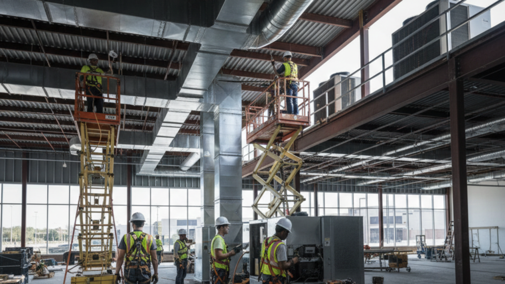 Commercial showroom construction HVAC climate control system installation