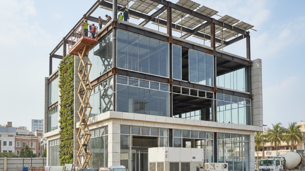 Commercial showroom construction with sustainable green building materials and energy efficient systems